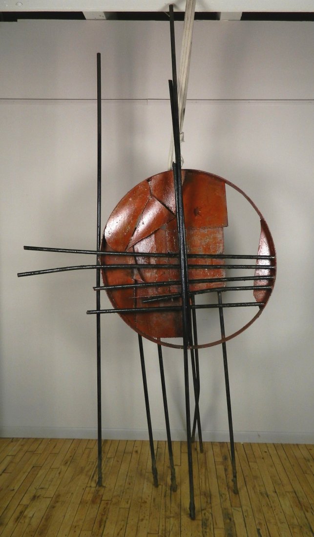 Fred Schmidt wrought iron sculpture: Fred Schmidt (American 1936-2001)- Red Circle and Bars- wrought iron sculpture. 107''h