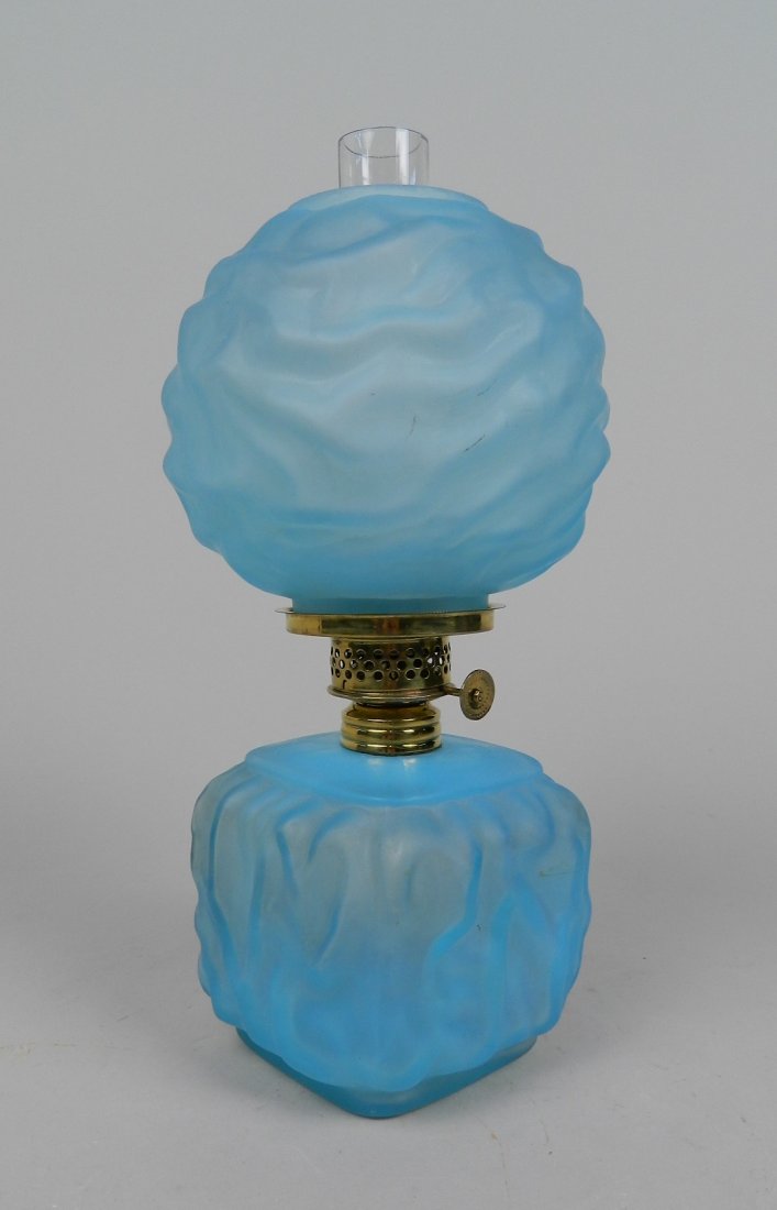 Miniature blue satin glass oil lamp (1 of 4)