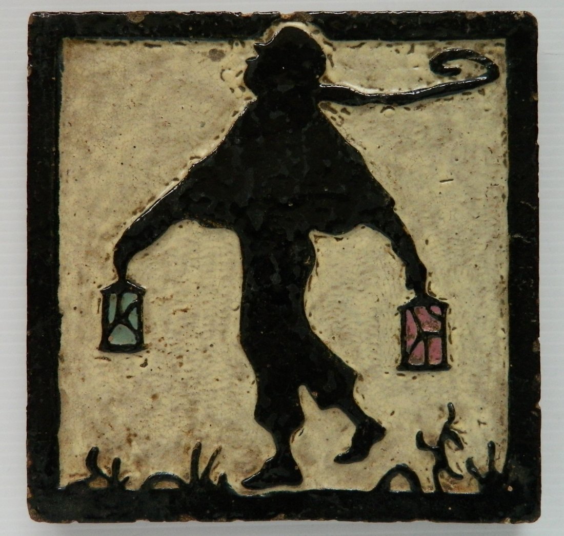 Franklin Pottery Faience ceramic tile: Franklin Pottery Faience- Man with Lanterns- ceramic tile, marked verso 'Franklin Potter Faience', some chips. 8 7/8 x 8 7/8''