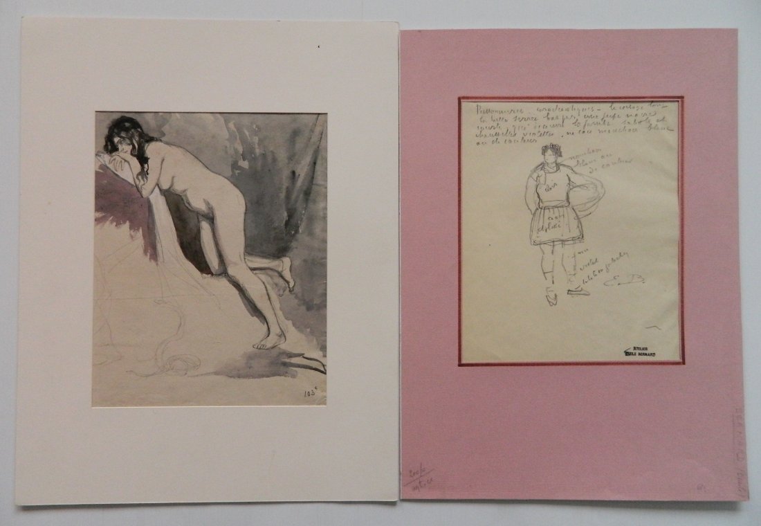 2 European works on paper - Vannutelli; Bernard: 2 European School works on paper- 1.) Scipione Vannutelli- Female Nude- watercolor on paper; 2.) Emile Bernard- Costume Study- graphite on paper, initialed, the atelier stamp. 10 x 9''; 7 1/2 x 7 1/2'