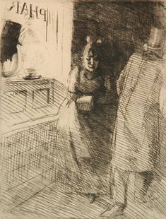 Albert Besnard etching: Albert Besnard (French 1849-1934)- ''La Prostitution'' (Delteil 56ii/II)- etching, 1886, signed and annotated 'Tiree a 100' in pencil, Plate 10 from 'La Femme'. 12 3/16 x 9 7/16''