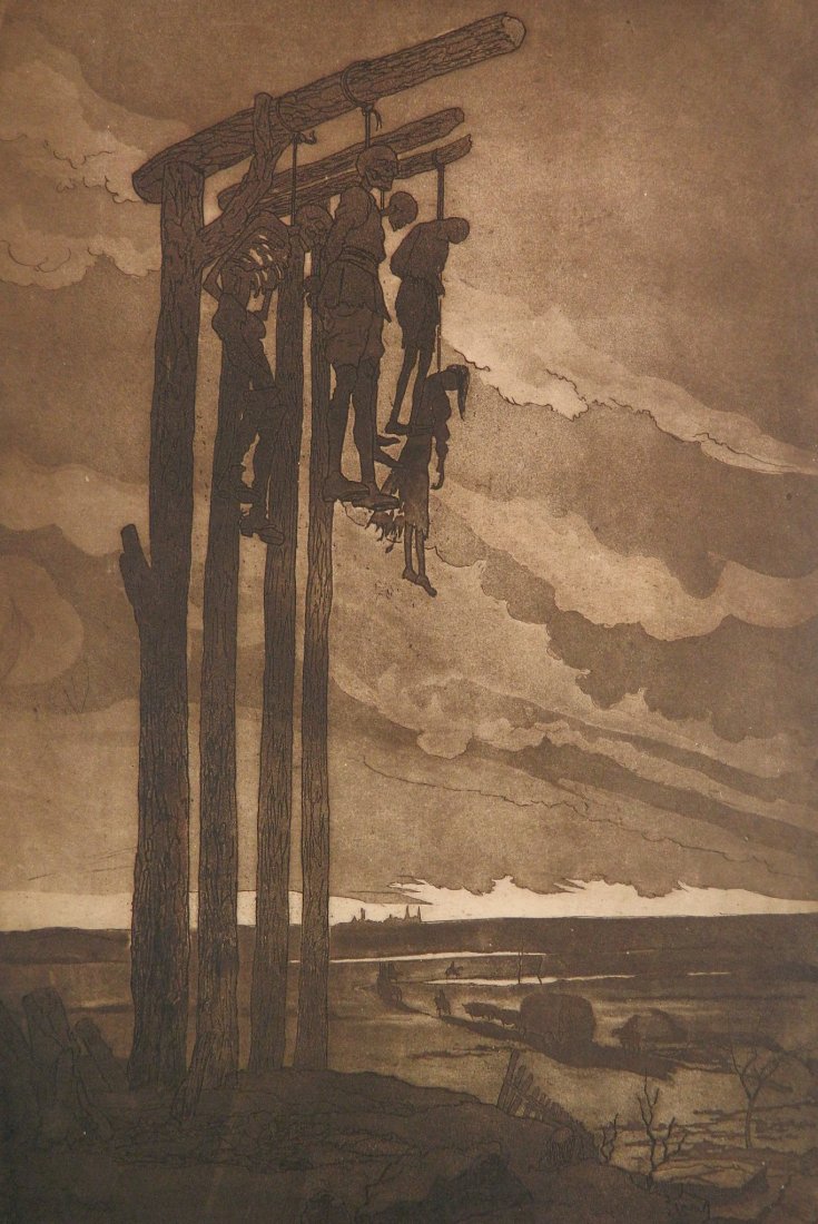 Georges Leon Bruyer aquatint: Georges Leon Bruyer (French 1883-1962)- ''Les Pendus''- aquatint, 1906, signed, dated, titled and numbered 18/20 in pencil. 19 1/4 x 11 3/8''