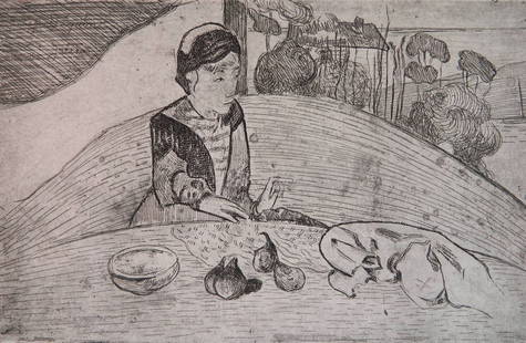 Paul Gauguin etching: Paul Gauguin (French 1848-1903)- Armand Seguin- ''La Femme Aux Figures'' (Guerin 88)- etching, lavis and soft-ground, 1899, an early posthumous impression as published for 'Germinal', no. 15