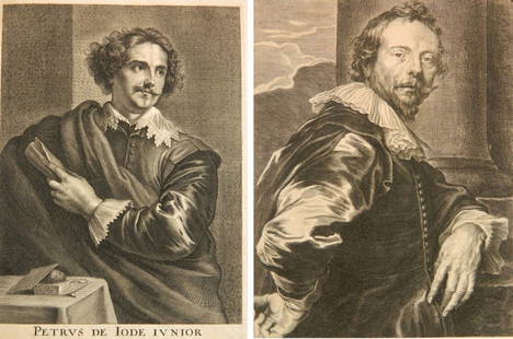 Pieter de Jode II after Van Dyck 2 engravings: Pieter de Jode II (Flemish 1606-1674) after Anthony Van Dyck (1599-1641)- Portrait of Adam de Coster; ''Petrus de Iode Ivnior'' (Portrait of Pieter de Jode)- 2 engravings, 'Adam de Coster' with foxing