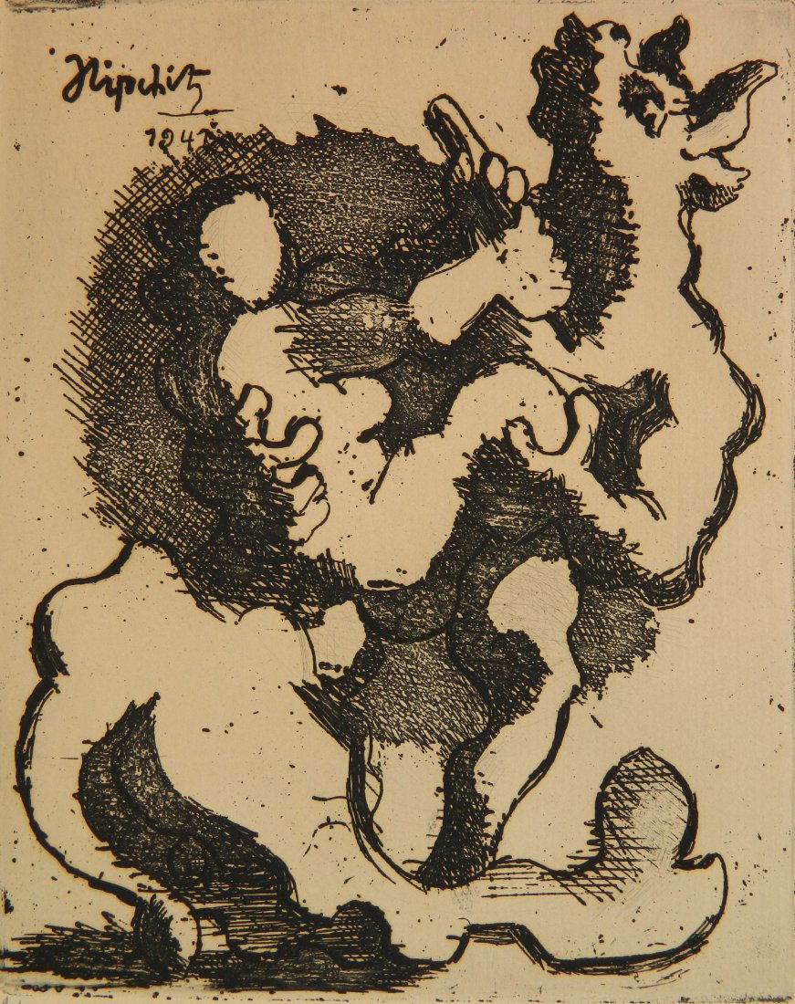 Jacques Lipchitz etching: Jacques Lipchitz (French/American 1891-1973)- ''The Rape of Europa''- etching, 1941, signed J Lipchitz ed. 22/50 in pencil, faint handling creases in margin. 6 3/4 x 5 1/2''
