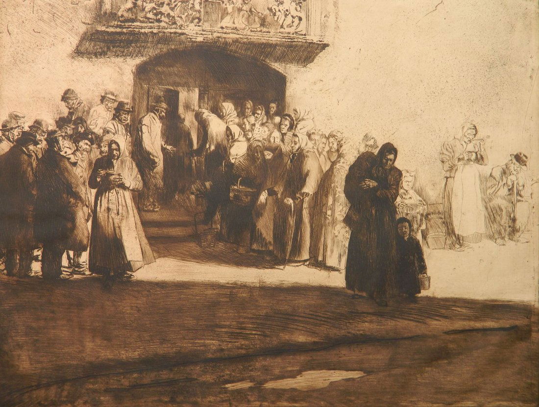 Ferdinand Schmutzer etching: Ferdinand Schmutzer (Austrian 1833-1915)- ''Die Klostersuppe'' (The Monastary Soup)- etching, minor handling creases in margins. 16 1/2 x 21''