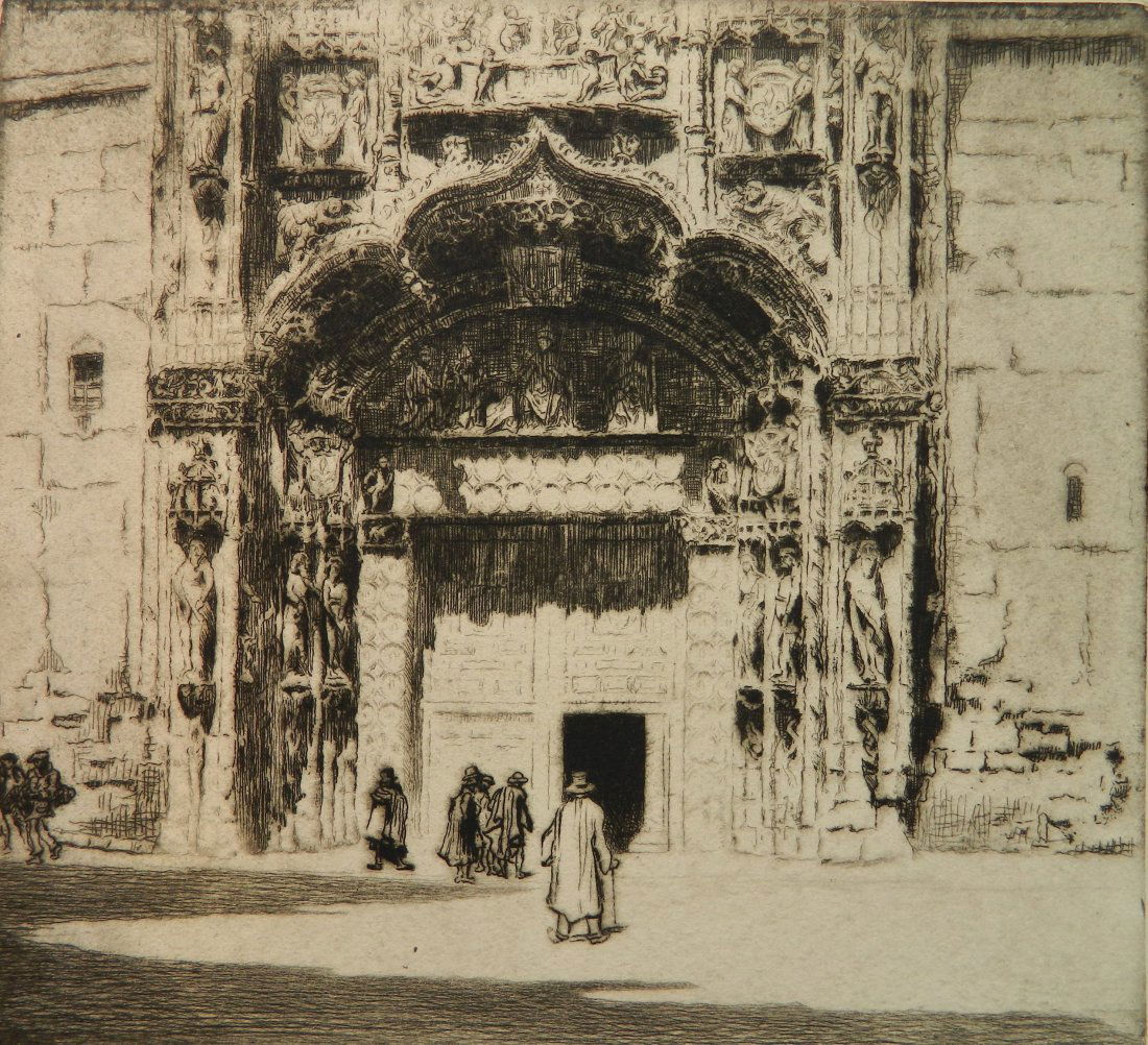 Arthur James Turrell etching: Arthur James Turrell (British 1871-1910)- Portico, Salamanca Cathedral- etching, 1889, signed and numbered 89 in pencil, numbered 50 in ink, blindstamped in margin the Printseller's Association, Londo