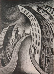 Leon Bibel lithograph: Leon Bibel (American 1913-1995)- ''Windy City''- lithograph, 1937, signed, dated, titled and numbered /16 in pencil, slight soiling in margins, well away from image. 13 5/8 x 9 3/4''