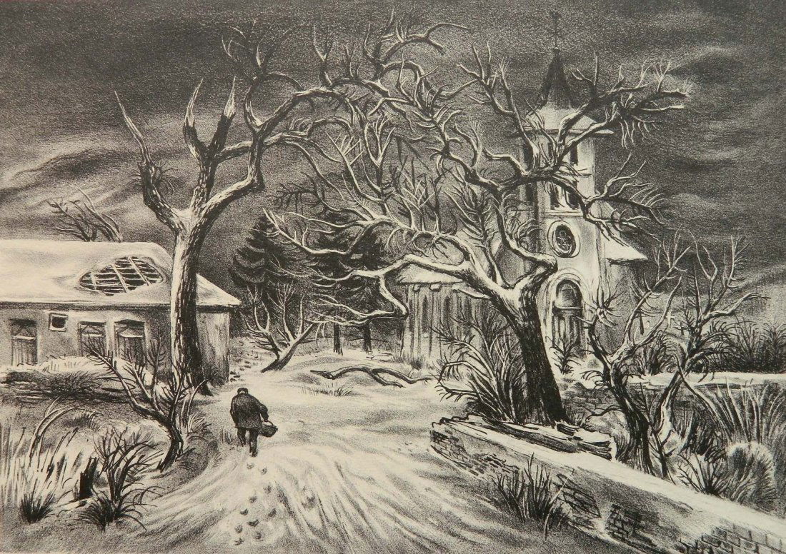 Aaron Bohrod lithograph: Aaron Bohrod (American 1907-1992)- ''Church in Luxembourg'' (AAA/Czestochowski 1947.006)- lithograph, 1946, signed in pencil, edition of 250, hinges in upper corners recto; otherwise, very good condit