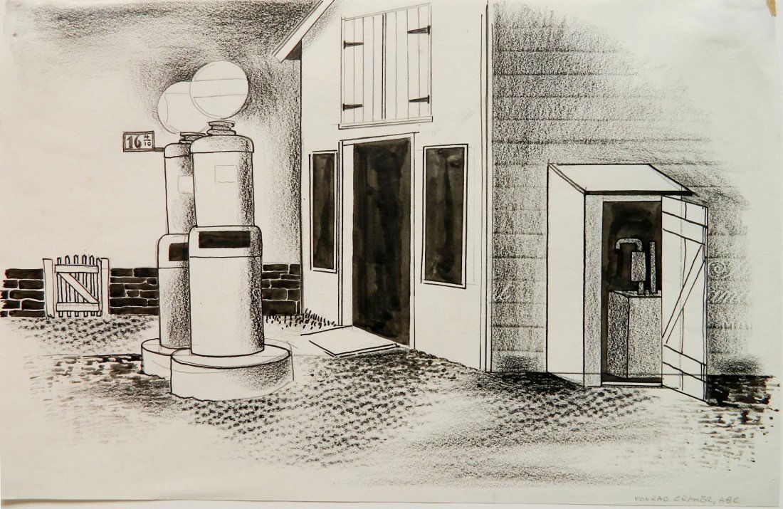 Konrad Cramer mixed media: Konrad Cramer (American 1888-1963)- ''Gas Station''- lithogrpah with hand touch-up on paper, ca. 1930, signed. 11 x 16 1/2''