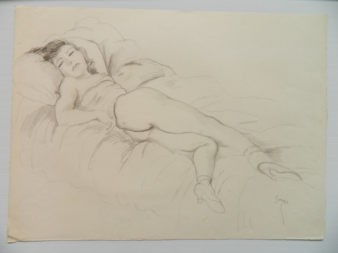 Emil Ganso graphite: Emil Ganso (American 1895-1941)- Reclining Female- graphite on paper, signed Ganso lower right, minor foxing and smudging throughout. 15 1/4 x 20 3/4''