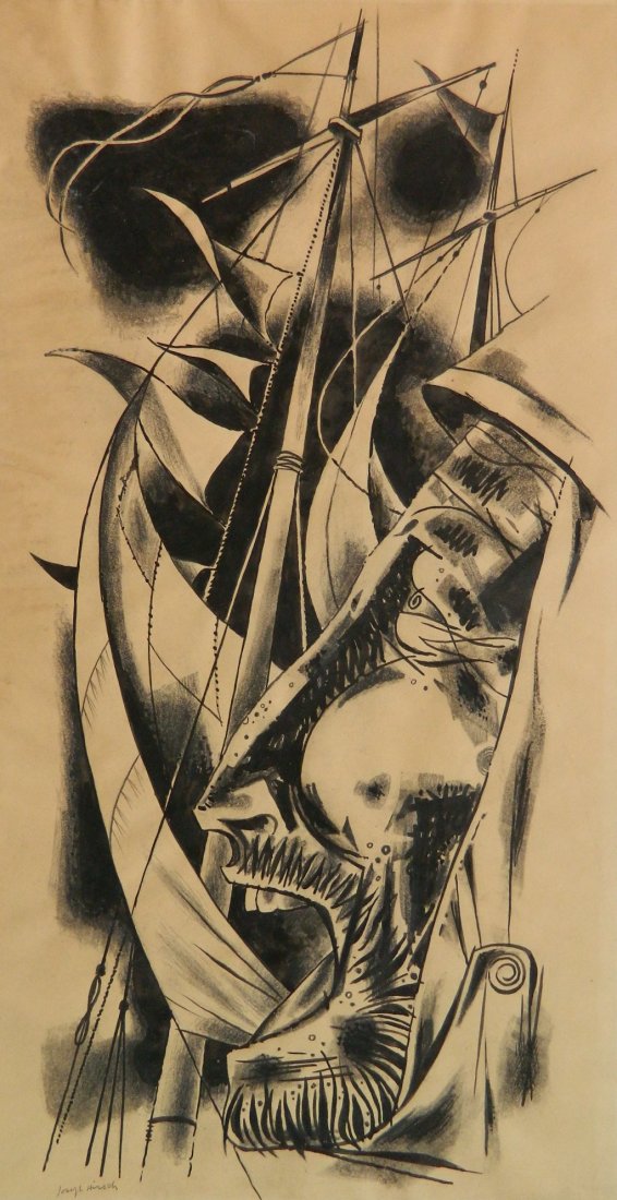 Joseph Hirsch pen and ink and watercolor: Joseph Hirsch (American 1910-1981)- Ship Mast- pen and ink and watercolor on paper, signed Joseph Hirsch lower left, light struck, tape residue around edges. 12 x 23''