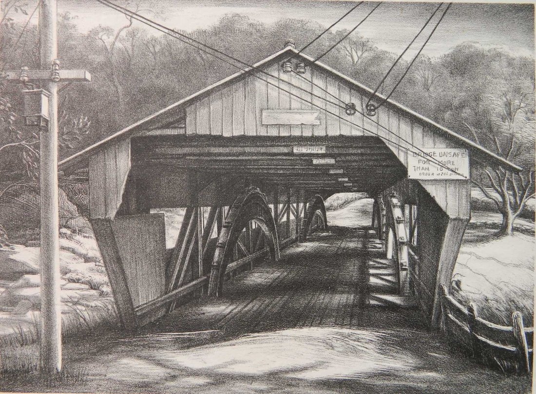 Victoria Huntley lithograph: Victoria Huntley (American 1900-1971)- Covered Bridge- lithograph, 1946, signed, dated and annotated 'For Sam Golden' in pencil. 8 3/4 x 11 7/8''