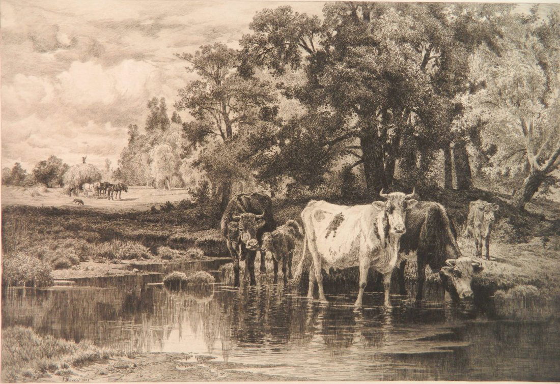Peter Moran etching: Peter Moran (American 1841-1914)- ''A Summer Day'' (Wright 103)- etching, 1887, signed in pencil, good condition. 15 5/8 x 23 3/8''