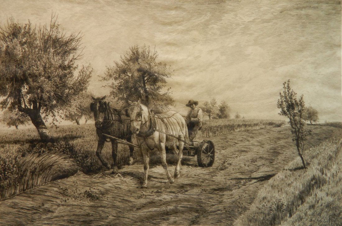 Peter Moran etching: Peter Moran (American 1841-1914)- ''Mowing'' (Wright 105 i/II)- etching, 1887, signed with pencil lower right, copyright by C. Klackner, dated 1887 in upper left above image, inventory number 8078 sta