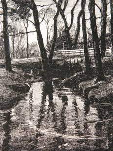 Margaret Jordan Patterson lithograph: Margaret Jordan Patterson (American 1867-1950)- ''The Brook in Spring, Pine Manor''- lithograph, signed, titled and numbered 33/100 in pencil. 9 1/2 x 7''