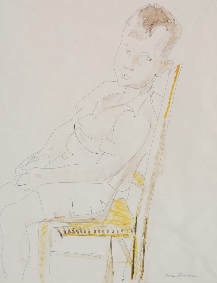 William Sommer watercolor and ink: William Sommer (American 1867-1949)- Boy in Chair- watercolor and ink on paper, signed WM Sommer lower right. 11 1/2 x 9''