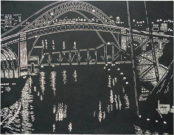 Yvonne Jacquette woodcut: Yvonne H. Jacquette (American 1934- )- ''Bridges Over Cuyahoga River, Cleveland''- woodcut, 1999, signed and dated in pencil in the image, edition of 250, The Print Club of Cleveland publication no. 7