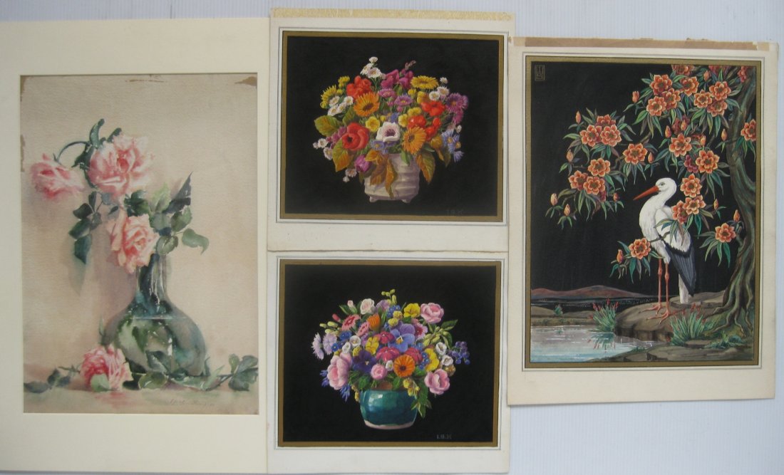 4 Floral watercolors: 4 Floral watercolors- 1.) Effie Aleen Thompson- Roses in a Vase- signed Effie Aleen Thompson lower right; 2.) Unknown (I.S.H.?)- Crane by Water and Blosomming Tree- stylized initials I.S.H. upper left