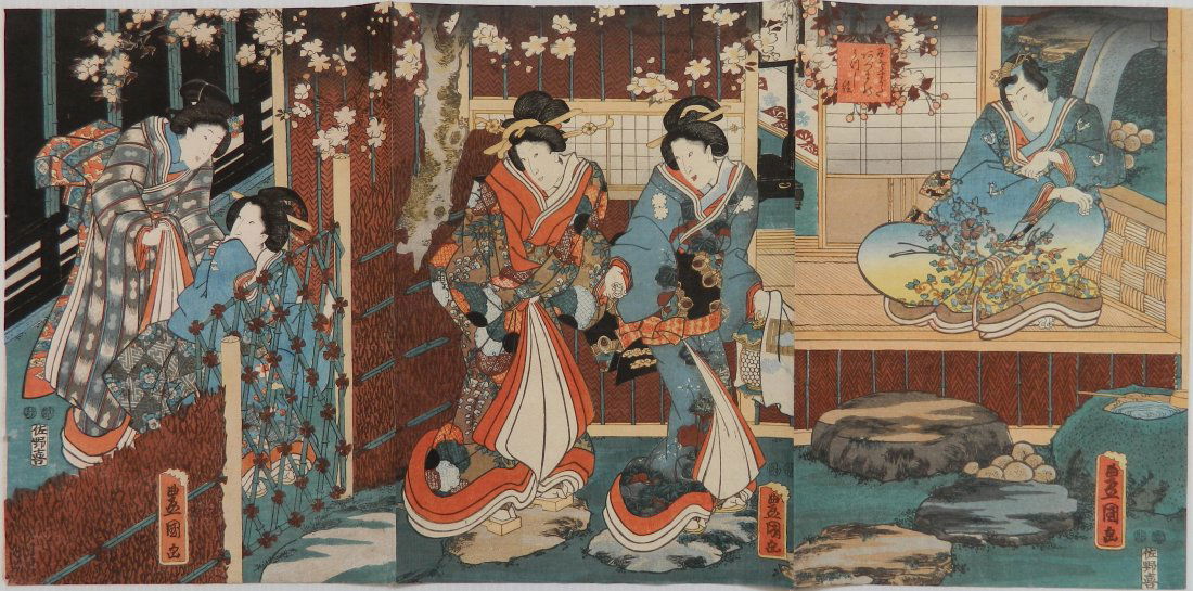 Toyokuni III Utagawa triptych woodblock (1 of 10)
