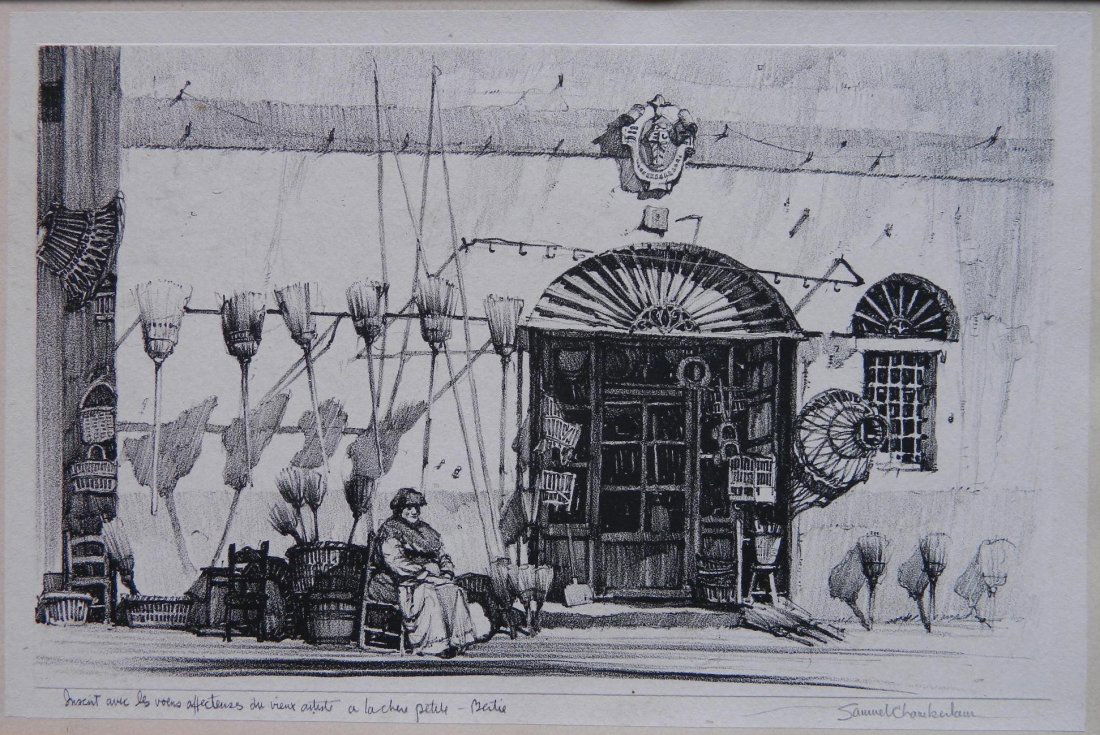 Samuel Chamberlain lithograph: Samuel Chamberlain- Broom Shop, Lucca'' (Chamberlain 53)- lithograph ,1927, signed in pencil, edition of 50, very good condition. 5 15/16 x 9 1/8''