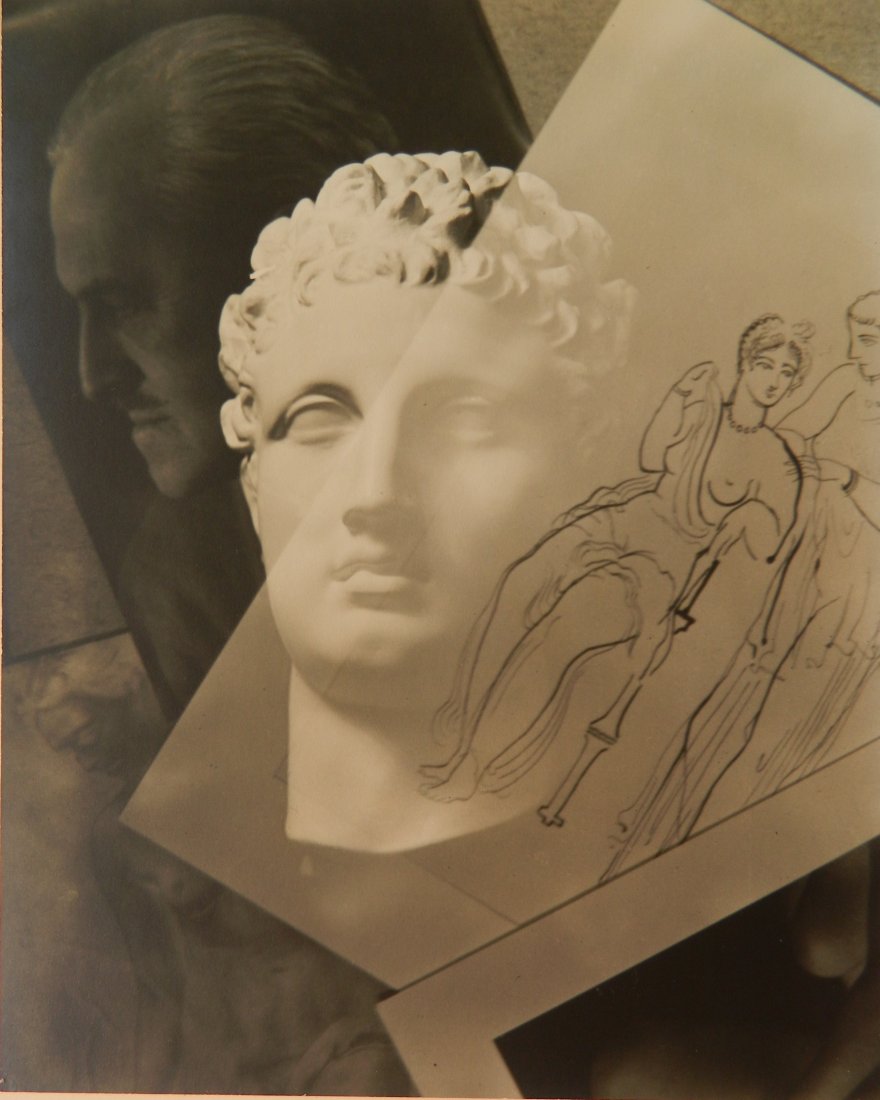 Konrad Cramer vintage silver gelatin print: Konrad Cramer- ''Self-Portrait with Classical Head''- vintage silver gelatin print, stamped 'Konrad Cramer / woodstock' verso, printed ca. 1946. 14 x 11''