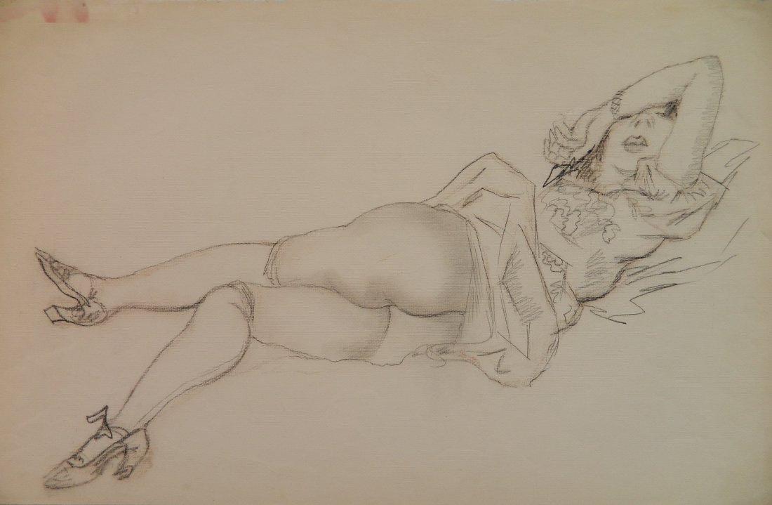 Emil Ganso charcoal: Emil Ganso- Reclining Nude- charcoal on paper, estate stamped verso. 15 1/2 x 23 3/4''