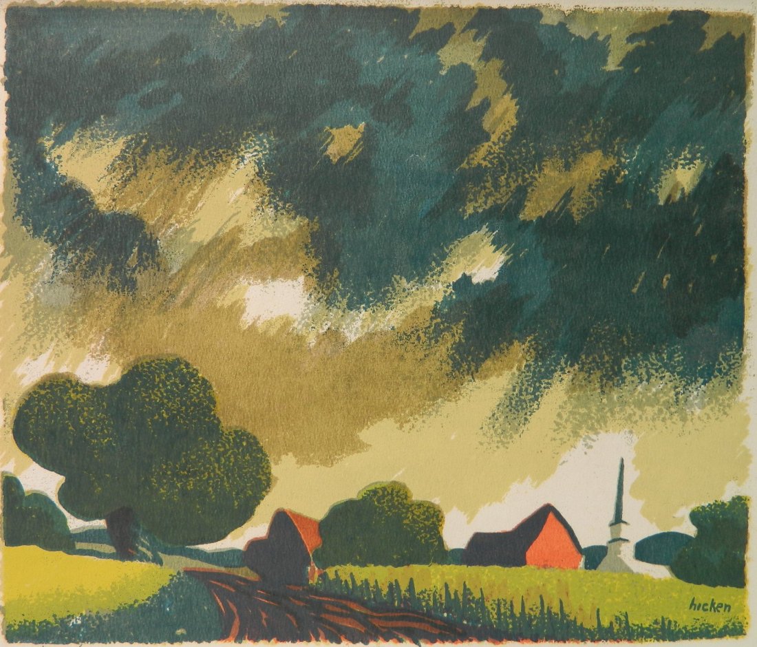 Phlip Hicken silkscreen: Phlip Hicken- Spring Storm - April- silkscreen in colors, 1941, signed in pencil. 9 x 10 1/2''