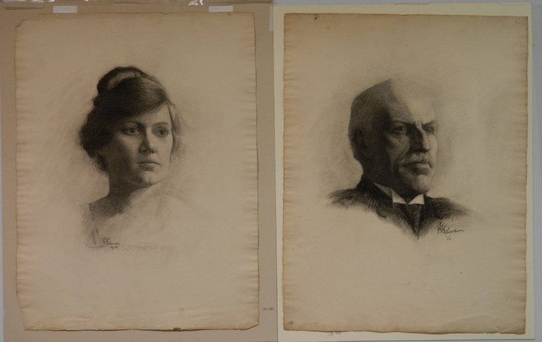 Arthur Laws charcoal: Arthur Laws- Portraits, Man & Woman- charcoal on paper, 1916, signed A. J. Laws '16 lower right, some minor stains and smudging. 15 x 13''