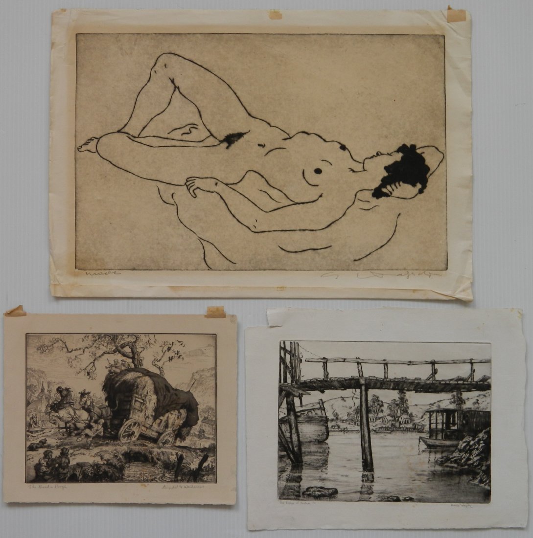 Weidenaar; Dunphy; Hagedorn - 3 intaglios: 3 Intaglios- 1.) Reynold Weidenaar- ''The Road is Rough''- intaglio, minor foxing, minor soiling and staining; 2.) Nicholas Dunphy- ''Old Bridge at Hunters Pt''- etching and drypoint, minor foxing, te