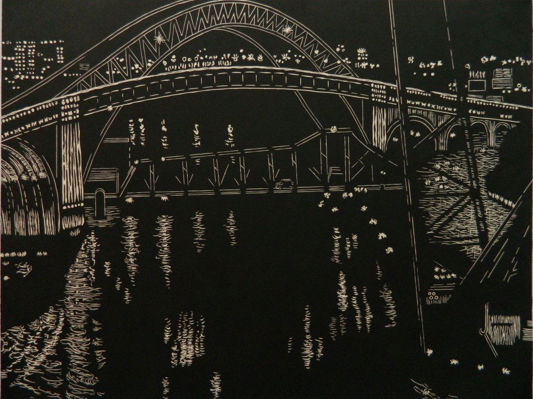 Yvonne Jacquette woodcut: Yvonne H. Jacquette (American 1934- )- ''Bridges Over Cuyahoga River, Cleveland''- woodcut, 1999, signed and dated in pencil in the image, edition of 250, The Print Club of Cleveland publication no. 7