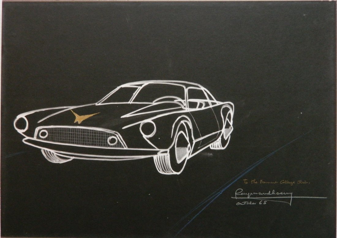 Raymond Loewy hand touched photograph: Raymond Loewy- Car Design- photograph of a drawing of a car, hand-touched and inscribed 'To the Bernard College Club' in gold leaf, good condition. 11 1/2 x 16''