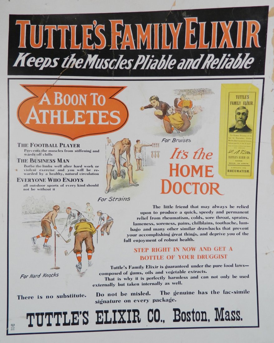 ''Tuttle's Family Elixir'' advertisement sign: ''Tuttle's Family Elixir'' cardboard advertisement sign, F. E. Bacon & Co., Boston, MA, several tears, abrasions, fair condition. 28 x 22''