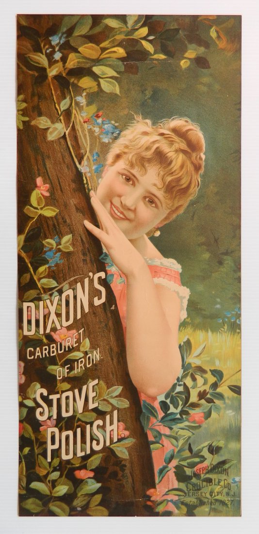 Dixon's 'Caburet of Iron' stove polish paper sign: Dixon's 'Caburet of Iron' stove polish paper sign, Joseph Dixon Crucible Co, Jersey City, NJ, some tears. 28 x 12 1/2''