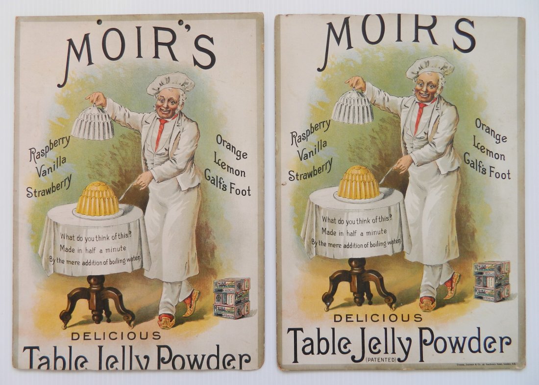 2 Moir's Table Jelly Powder advertisements: 2 Moir's Table Jelly Powder cardboard advertisements, Tucker, Johnson & Co., London, both as is. 15 x 10 1/2''