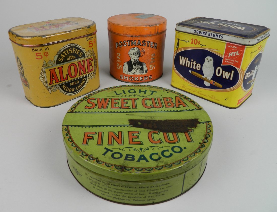 4 Vintage tobacco tins: 4 Vintage tobacco tins- Oldmaster Smoker; White Owl; Alone; and Sweet Cuba (puncture holes in lid). 5 3/4''h, Cuba 8''dia.