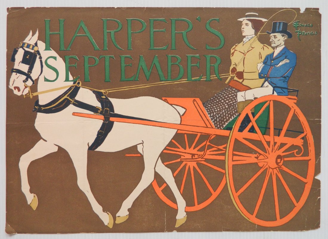after Edward Penfield lithographic poster: after Edward Penfield- ''Harper's September''- lithographic poster, tear around edges. 18 1/4 x 13''