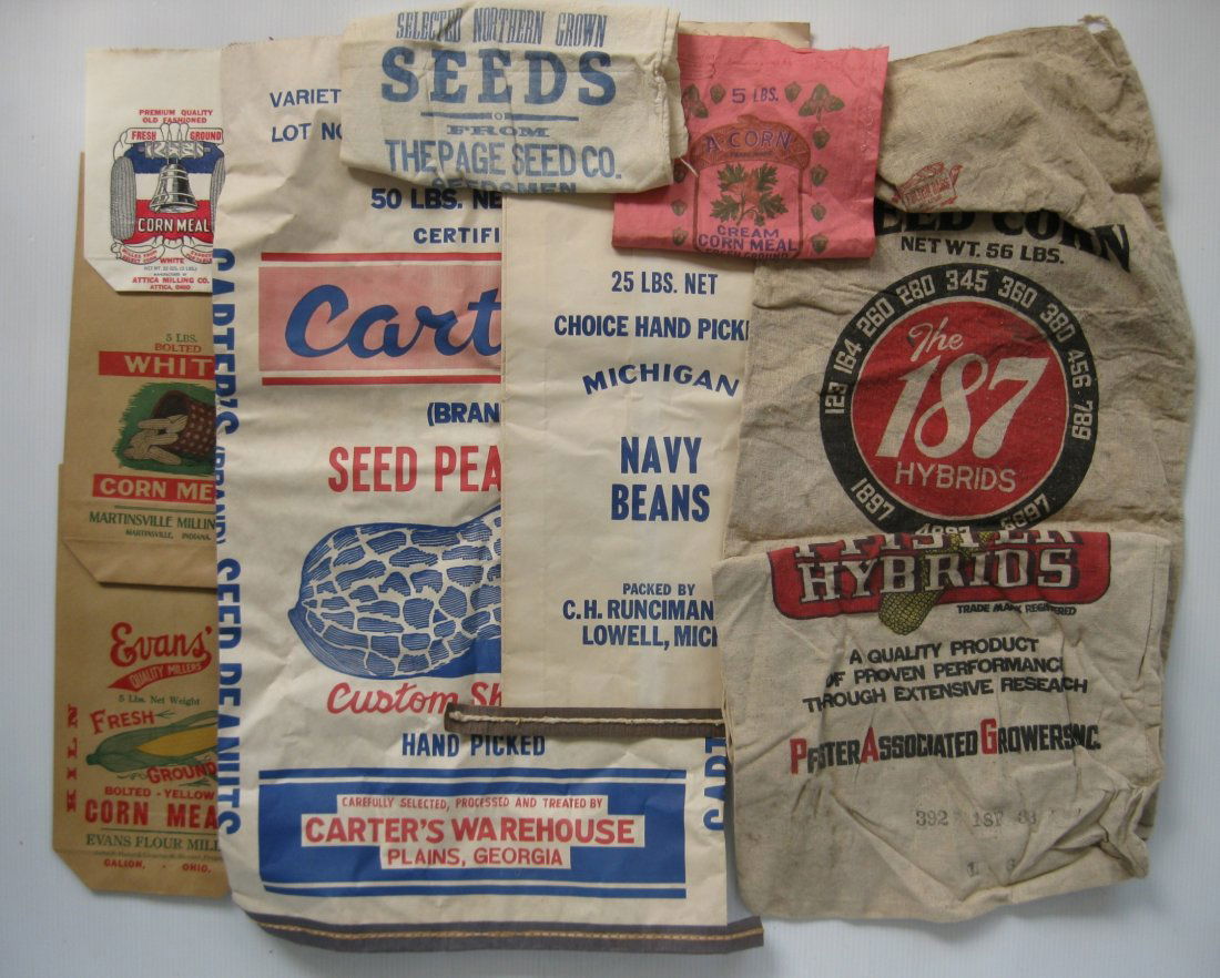 15+ Assorted linen or paper advertisement bags: 15+ Assorted linen or paper advertisement bags- including Attica Milling Co.; Evans Marshal Mill & Elev. Co.; C. H. Runciman Co.; Carters, Pfister; The Herrman-McLean Co; Stone Mountain Grit Co. Inc.;