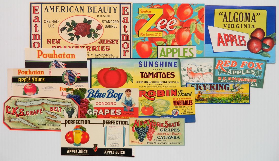 12 Miscellaneous crate or can labels: 12 Miscellaneous crate or can labels, various sizes.