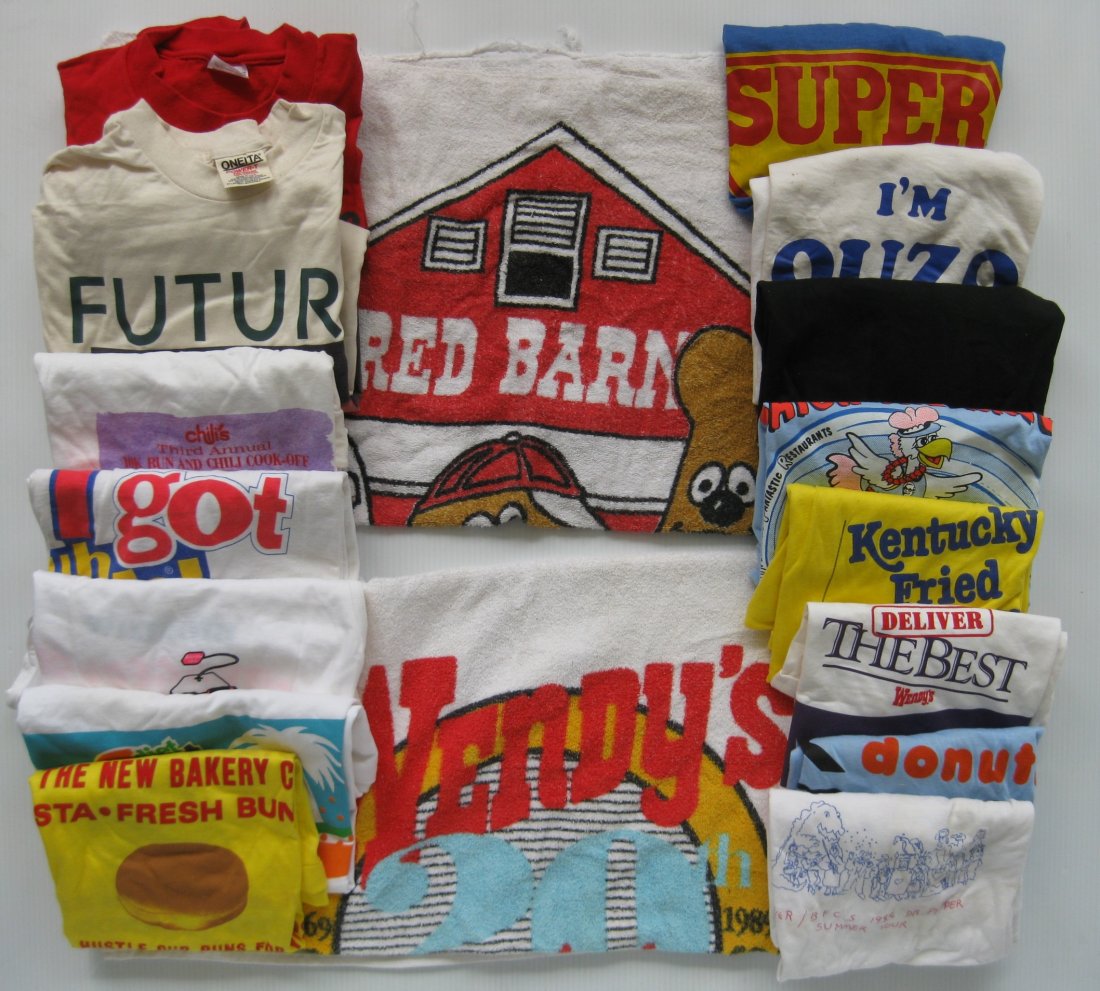 Group of 15+ Marketing promotional apparel: Group of 15+ Marketing promotional apparel including T-shirts and tank tops- names including Diet Pepsi; Kentucky Fried Chicken; Chili's; Wendy's; 7-Up; Dr. Pepper; Diet Sunkist; Bigelow Teas, etc.; t