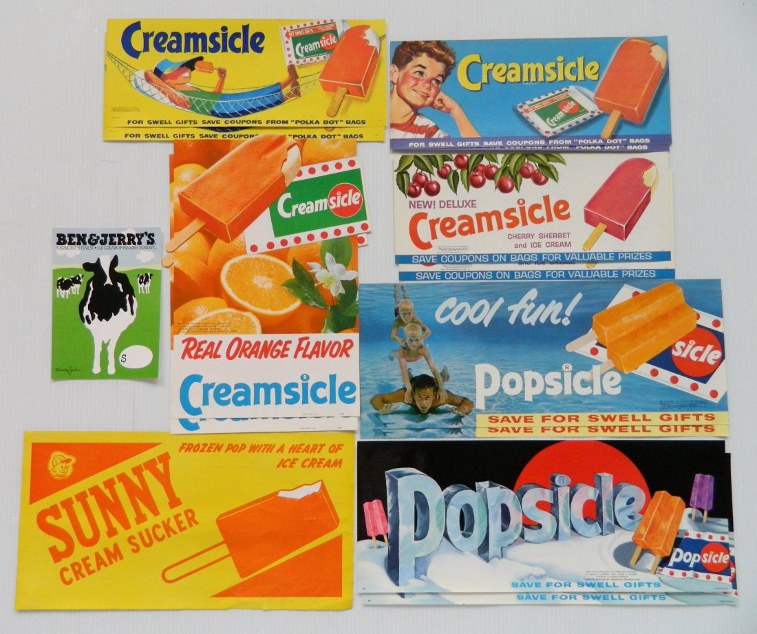 12 Creamsicle and Popsicle advertisements: 12 Creamsicle and Popsicle advertisements; along with Sunny Cream Sucker and Ben & Jerry's advertisement.