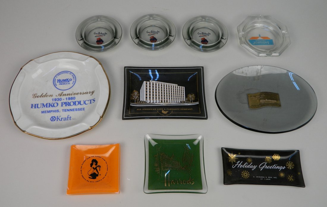 10 Marketing promotional ashtrays: 10 Marketing promotional ashtrays- Howard Johnsons; Harrods; The Playboy Club; All American Life & Casualty Co.; Richman Brothers, Cle factory; A. Spicuzza & Son, Inc.; 3 Coon Chicken and Humko Produc