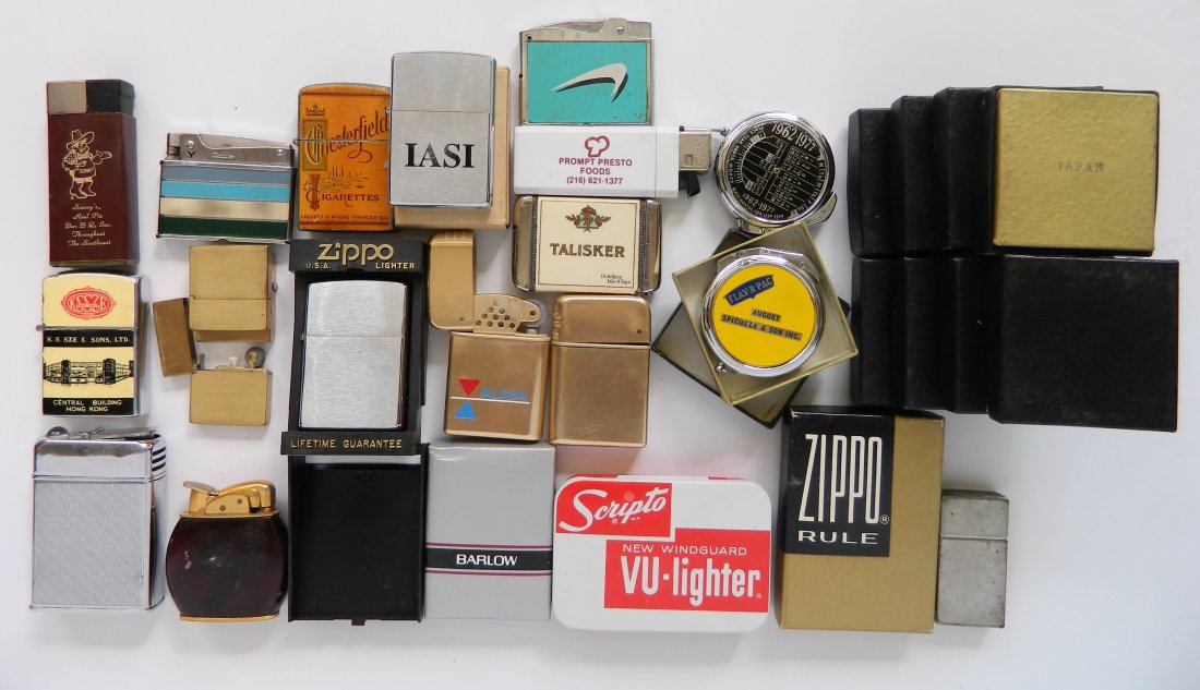 30+ Lighters: 30+ Lighters- including Zippo; Scriptovu lighter; Continental; Coronet; etc.