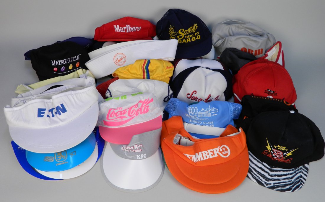 30+ Marketing promotional caps and visors: 30+ Marketing promotional caps and visors- including Sweet Street Desserts; Emmber Brands; Dale Earnhardt; Eaton; Coca Cola; Wendy's; Sara Lee; Garden burger; etc.- slight wear.