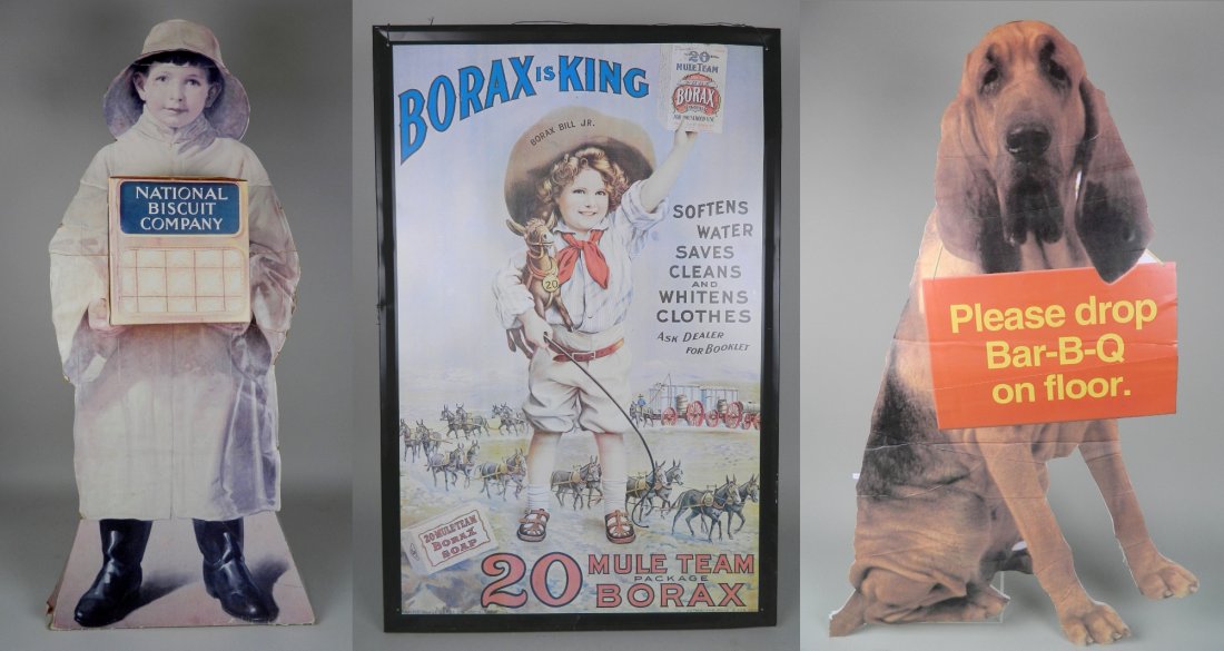 3 Advertisement signs: 3 Advertisement signs- National Bisquit Co. standing cut-out, faded and torn, stains, 45 1/2''; ''Please Drop BBQ On The Floor' stand-up cut-out, 34''; and ''Borax in King'' tin, reproduction, faded, 