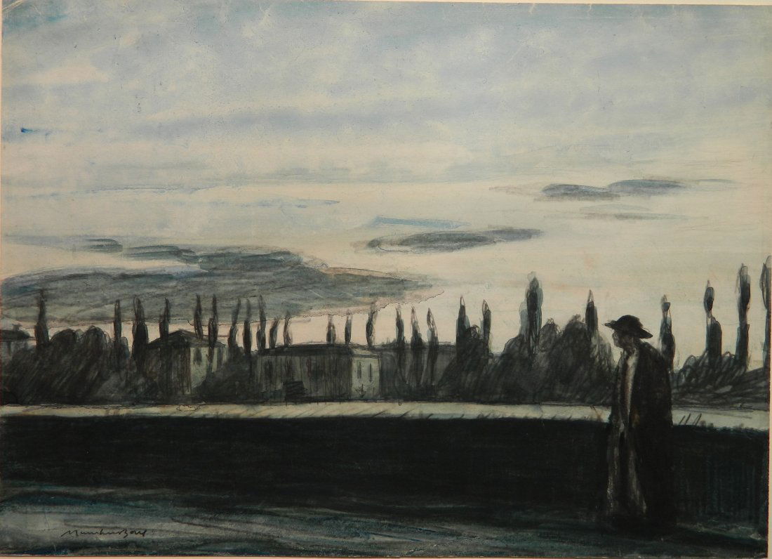 Muirhead Bone watercolor and graphite: Muirhead Bone (British 1876-1953)- ''Outskirts of Modena''- watercolor and graphite on paper, signed Muirhead Bone lower left, very good condition. 10 5/8 x 14 3/4''