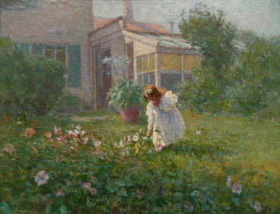 Walter Douglas oil: Walter Douglas (American 1868-1948)- The Garden- oil on panel, signed Walter Douglas lower center. 16 x 20''