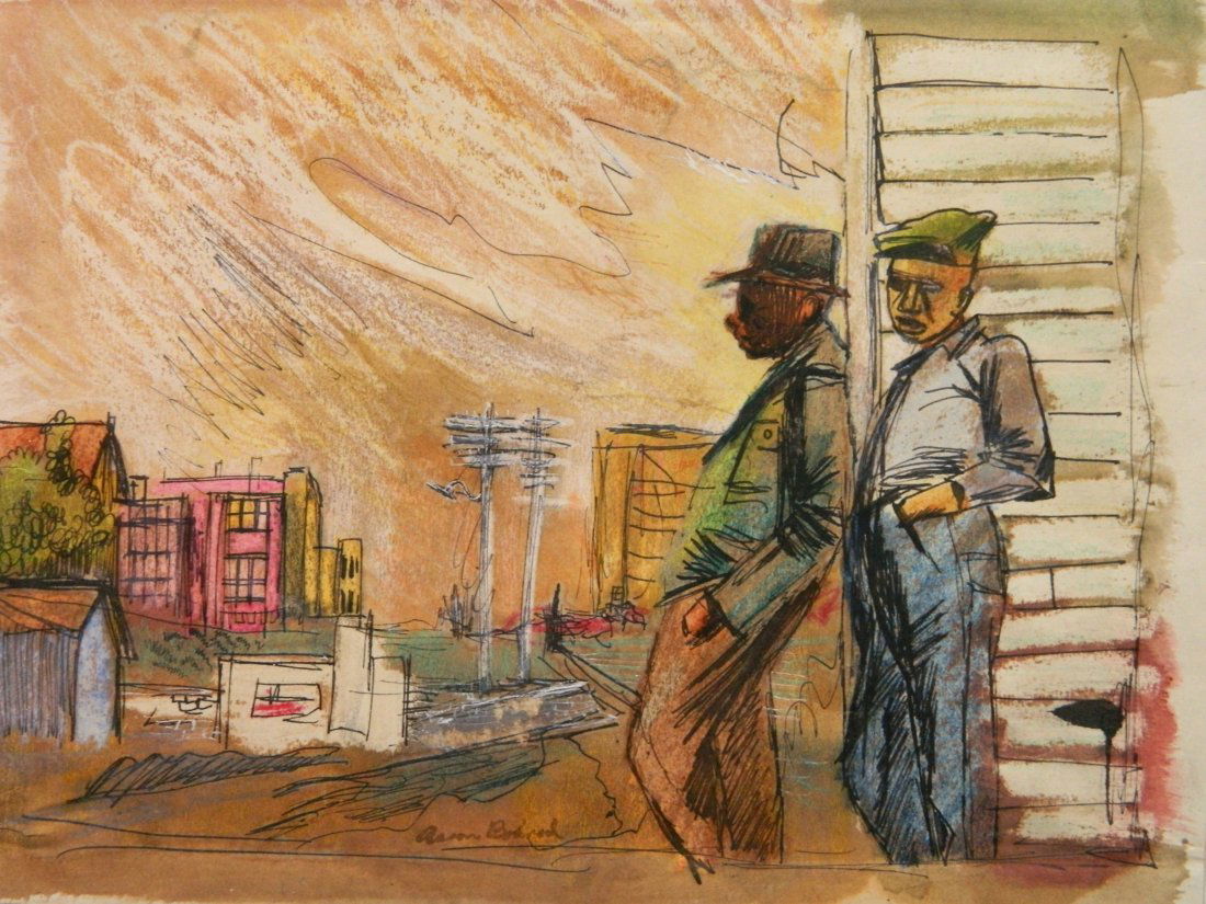 Aaron Bohrod crayon and ink: Aaron Bohrod (American 1907-1992)- City Landscape- crayon and ink on paper, ca. 1940, signed Aaron Bohrod lower center. 8 x 10''