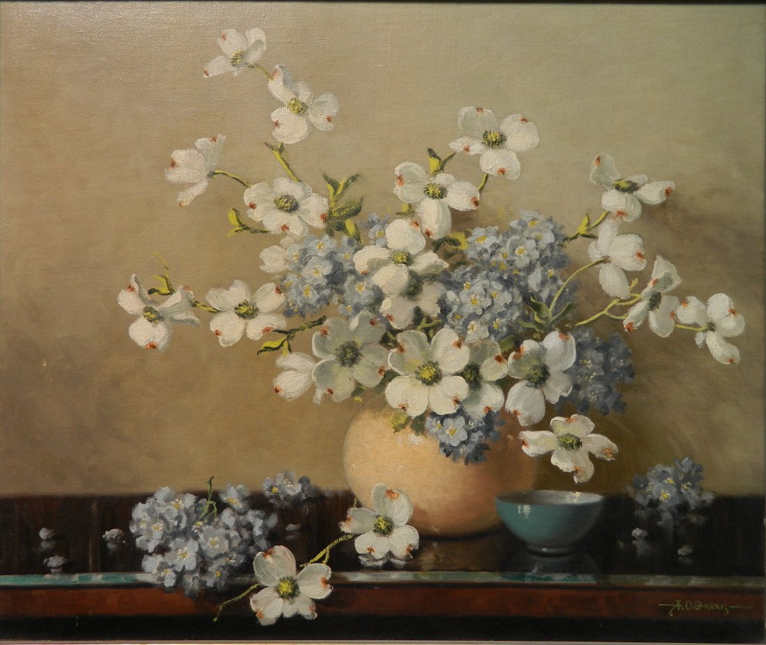 Aubrey D. Greer oil: Aubrey D. Greer (American 1904-1998)- ''Dogwood and Blue Phlox''- oil on canvasboard, signed A. D. Grrer lower right. 22 x 26''