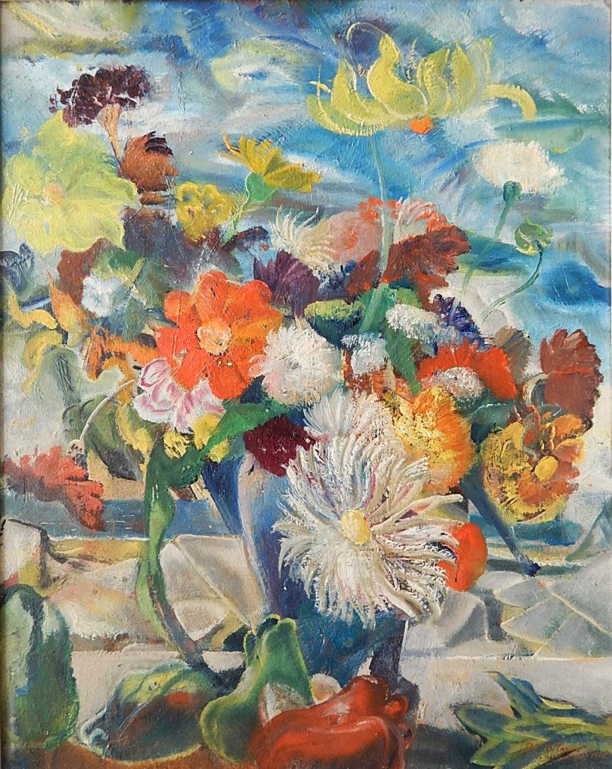 Paul Bough Travis oil: Paul Bough Travis (American 1891-1975)- Floral Still-Life- oil on masonite, 1945, signed Paul B. Travis / To The Fallons 1945 lower right. 30 x 24''